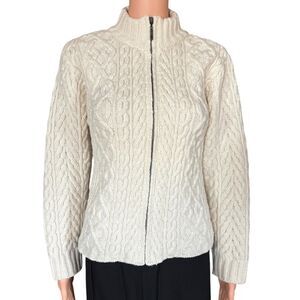 Inis Crafts Ireland Size S Ivory 100% Merino Wool Chunky Cable Knit Zip Cardigan